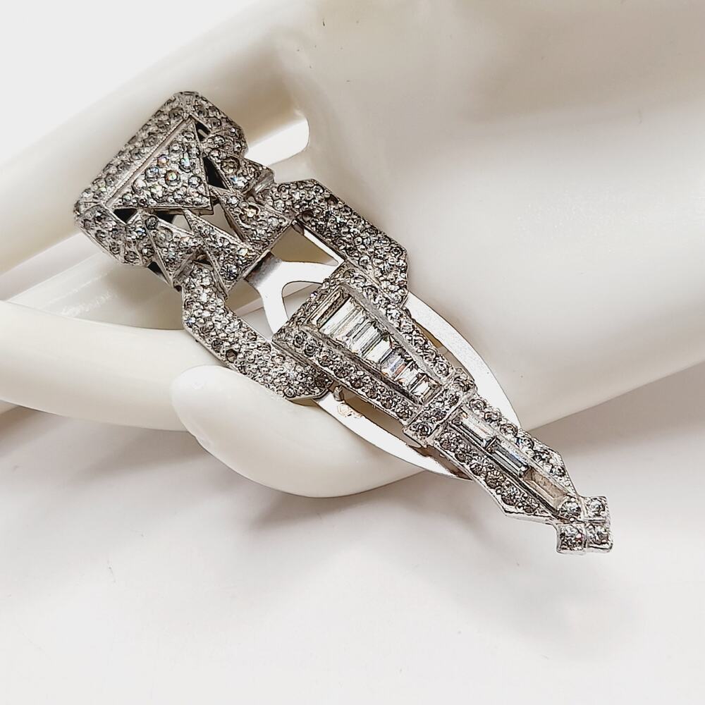 Vintage Art Deco Dress Clip Clear Rhinestones Silver Tone 3 Inch